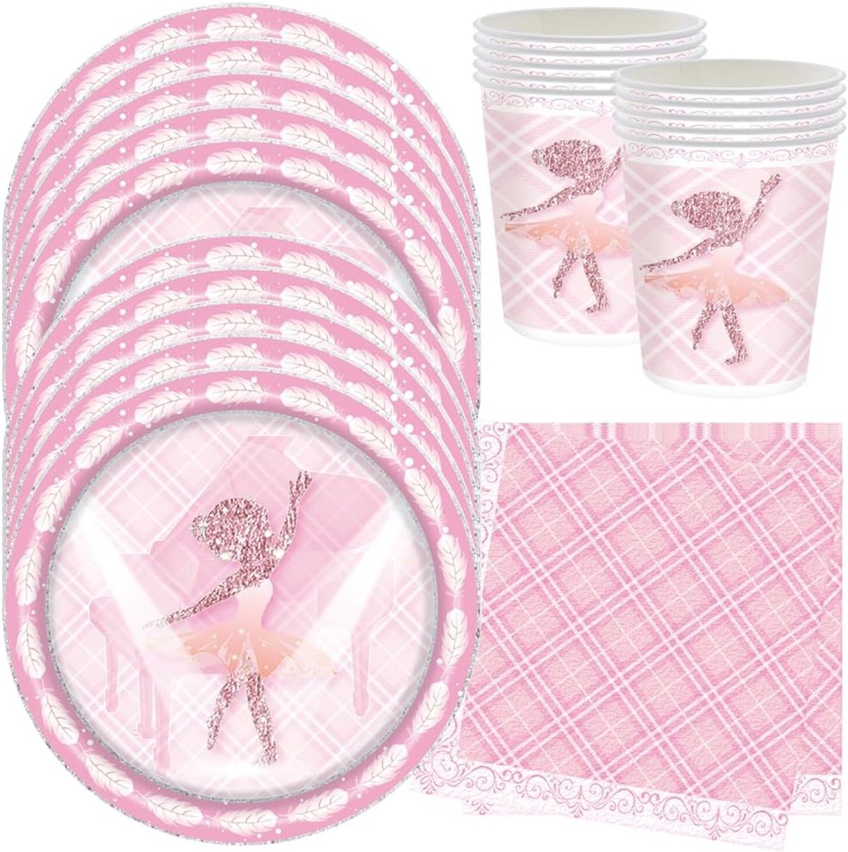 Partyservies, kinderverjaardag, feest, servies, dansende papieren borden, bekers, servetten, ballerinadecoratie, verjaardagsfeest, bruiloft, babyshower, picknick, tafeldecoratie voor