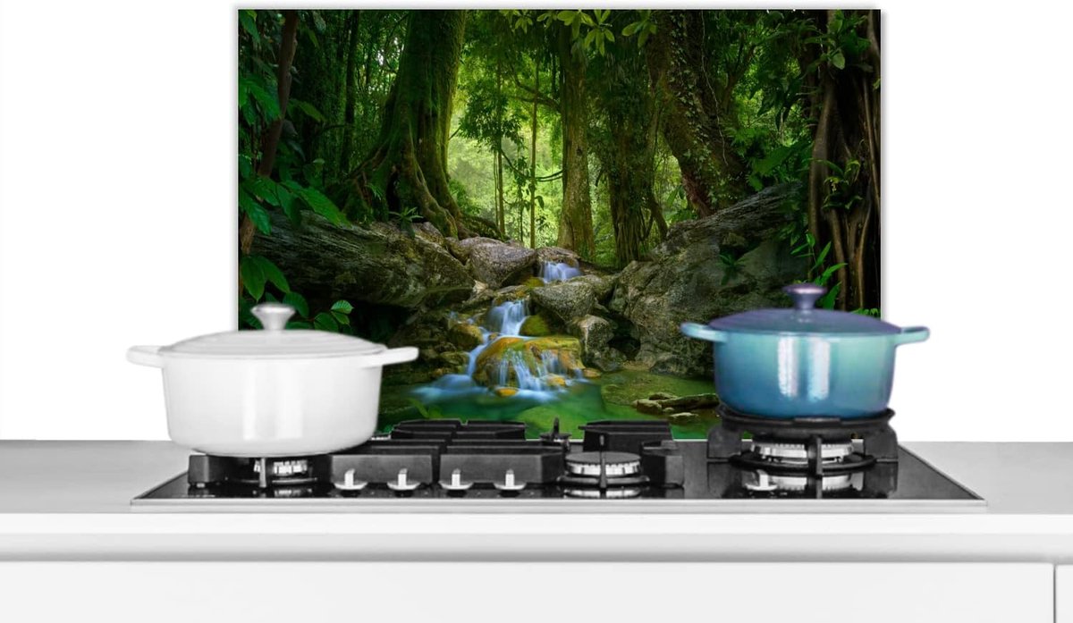 Spatscherm Keuken - 60x40 cm - Jungle - Stenen - Water - Natuur - Planten