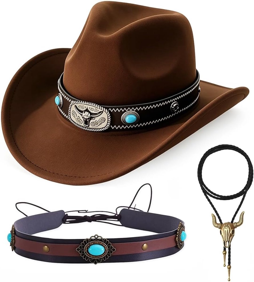Cowboy Hoedenset Bruine Hoed met Stierenkop Ketting & Gordel