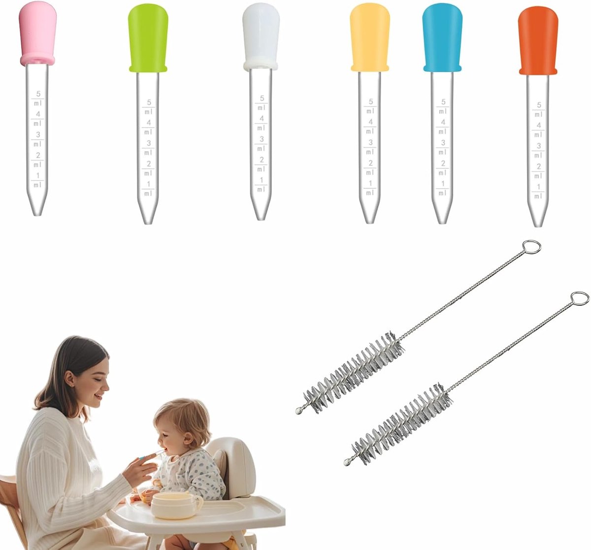 druppelaars, 6 stuks 5 ml siliconen vloeibare druppelaars, siliconen en plastic druppelaars, doorzichtige plastic druppelaars pipetten, met reinigingsborstels, voor gummy schimmel en