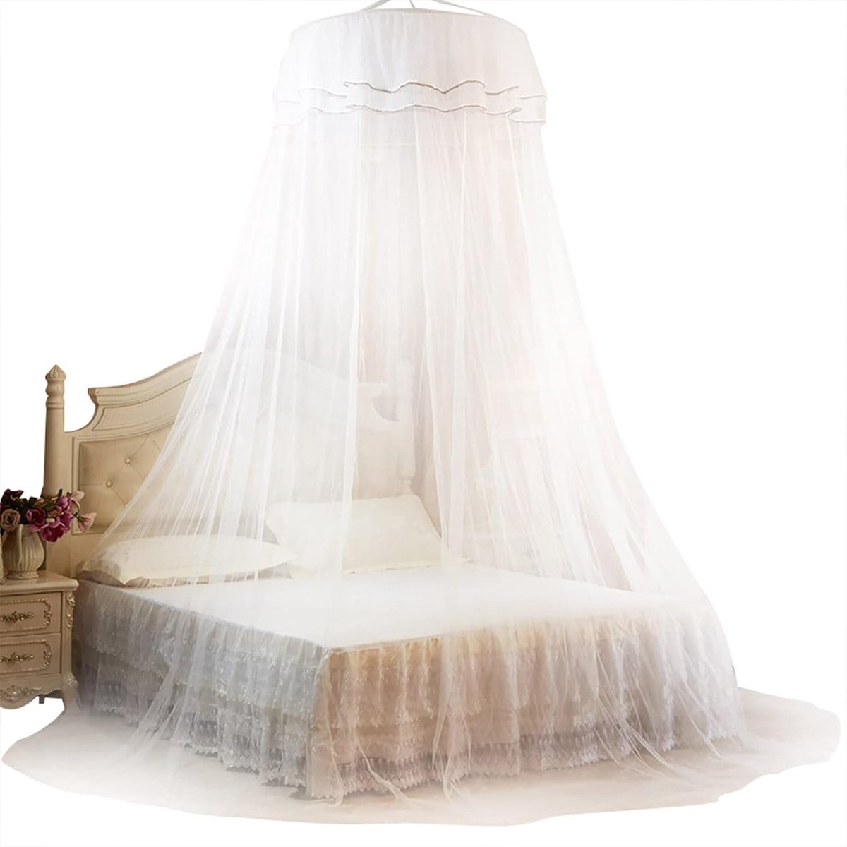 Hemelnet, ademend rond kanten bedgordijn voor meisjes, wit bruiloftsstijl gaas met hoepel queensize kingsize hangende bedluifel voor babybedje, twee tweepersoonsbedden (wit)