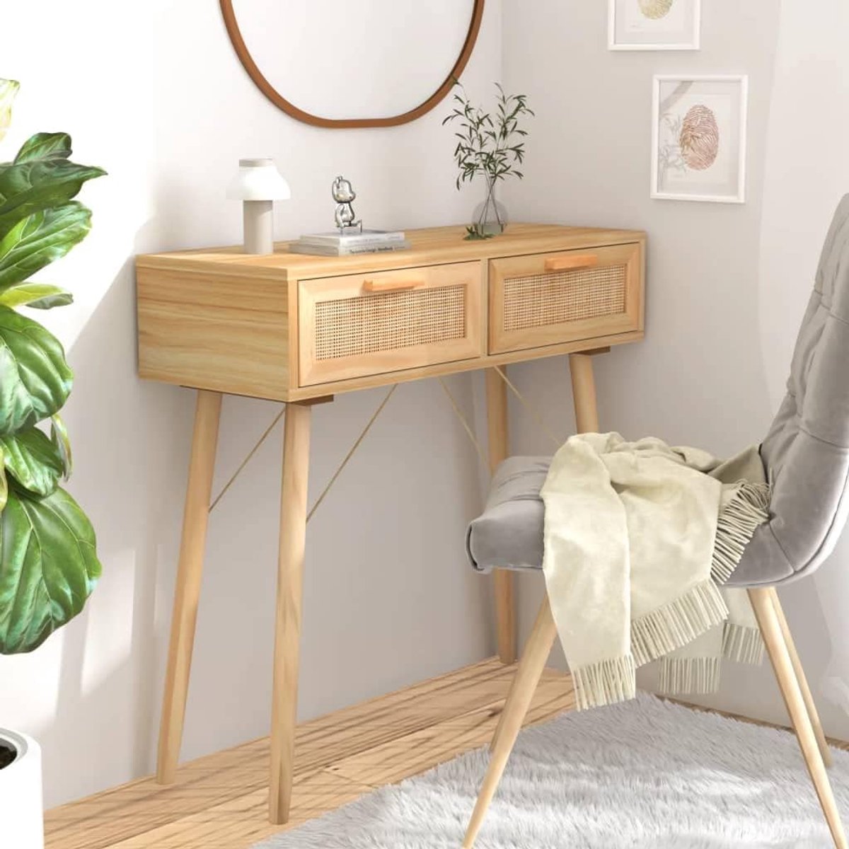 Consoletafel, bruin, 80 x 30 x 75 cm, van massief grenenhout, met 2 laden en natuurlijk rotanweefsel, stabiel tafelblad voor decoratie, inclusief wandhouder