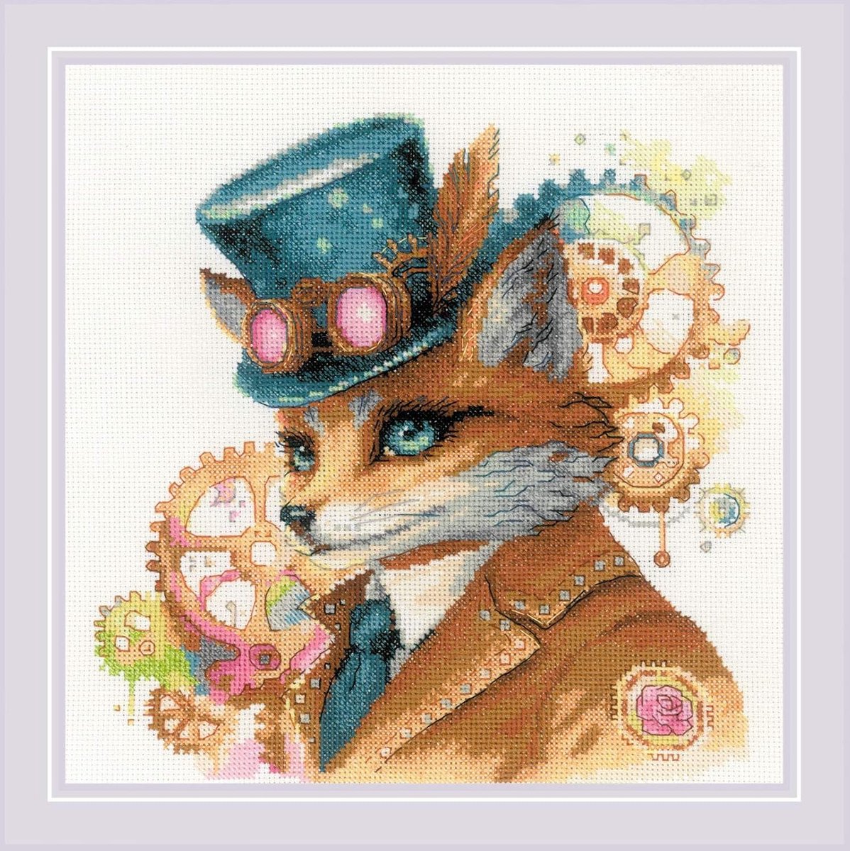 Kruissteekpakket met steampunk vos, compleet borduurpakket met stof, garen en naald, 20 x 20 cm