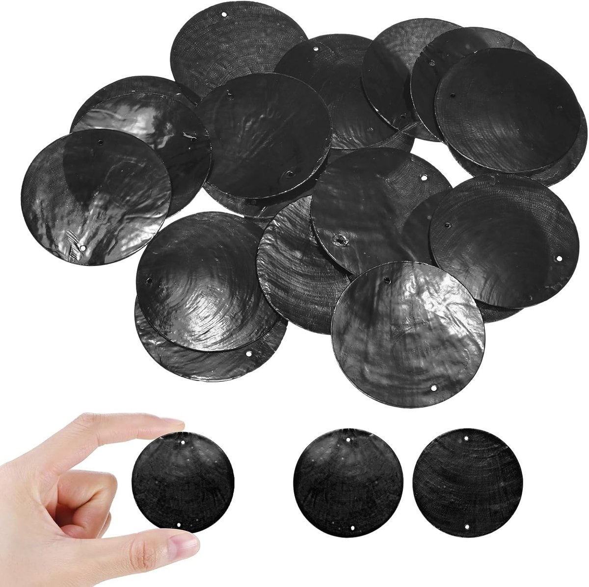 Set van 150 ronde capiz zeeschelpen, 2 inch (50 mm) 2 gaten natuurlijke schelpstukken voor windgong / zeeschelp / gordijnschelp / doe-het-zelf ambacht, platte ronde muntkraal [zwart]