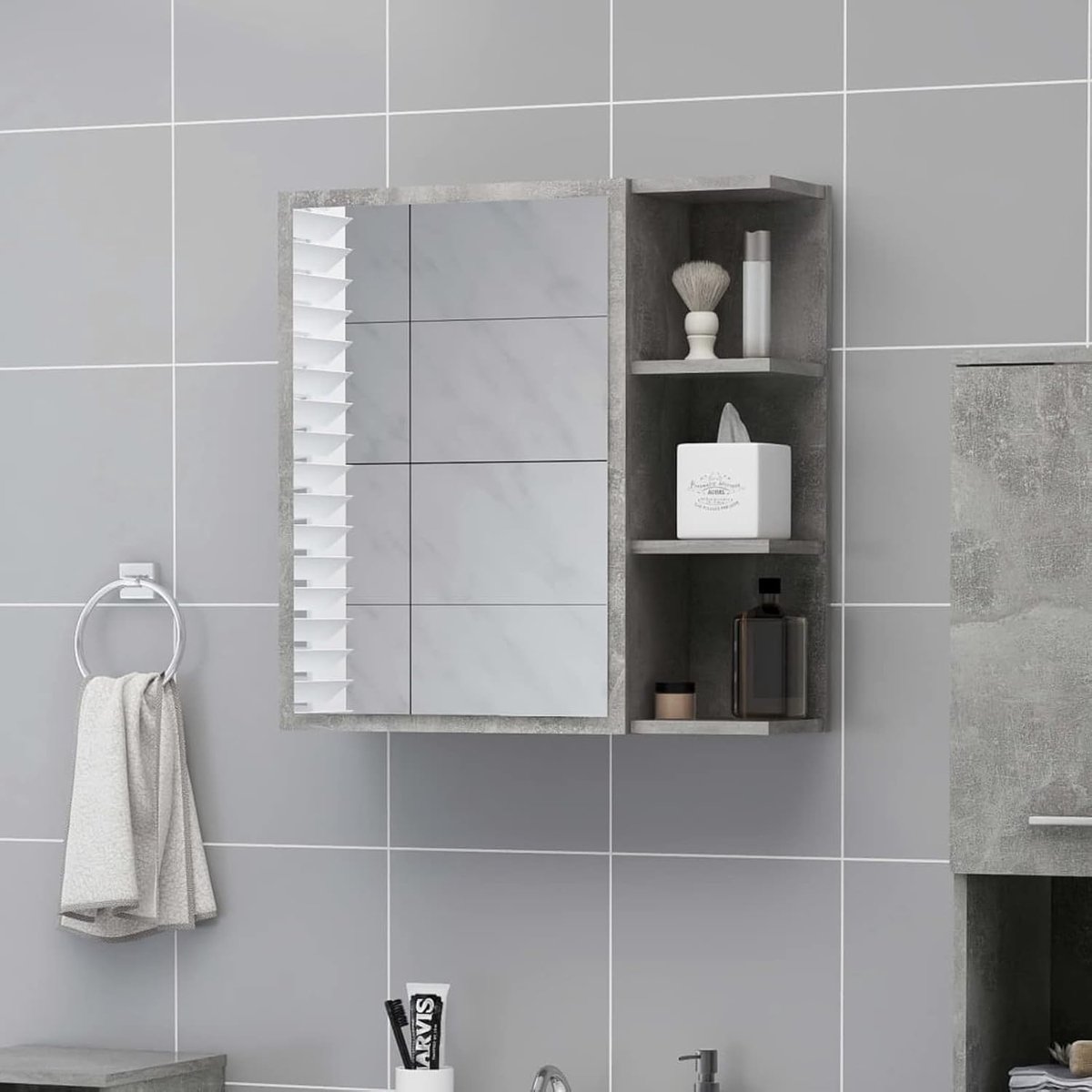 Spiegelkast voor badkamer, multiplex, betongrijs, 62,5 x 20,5 x 64 cm, woonkamermeubels, eettafel, type 1
