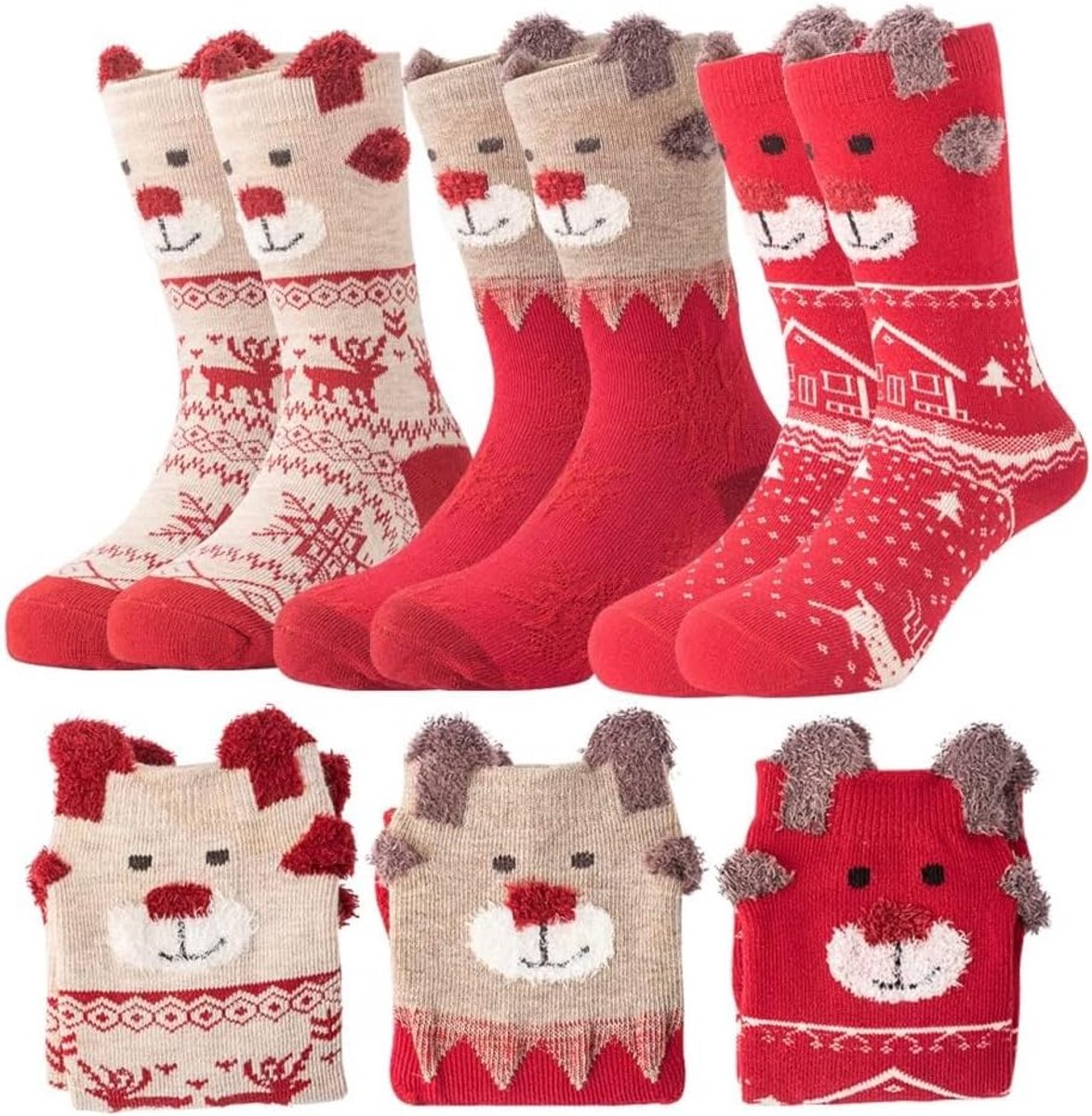 3 paar sokken dames wintersokken kerstsokken met kerstmotief kleurrijke nieuwigheid kerstsokken, sokken kerstcadeau voor vrouwen, rood, Medium