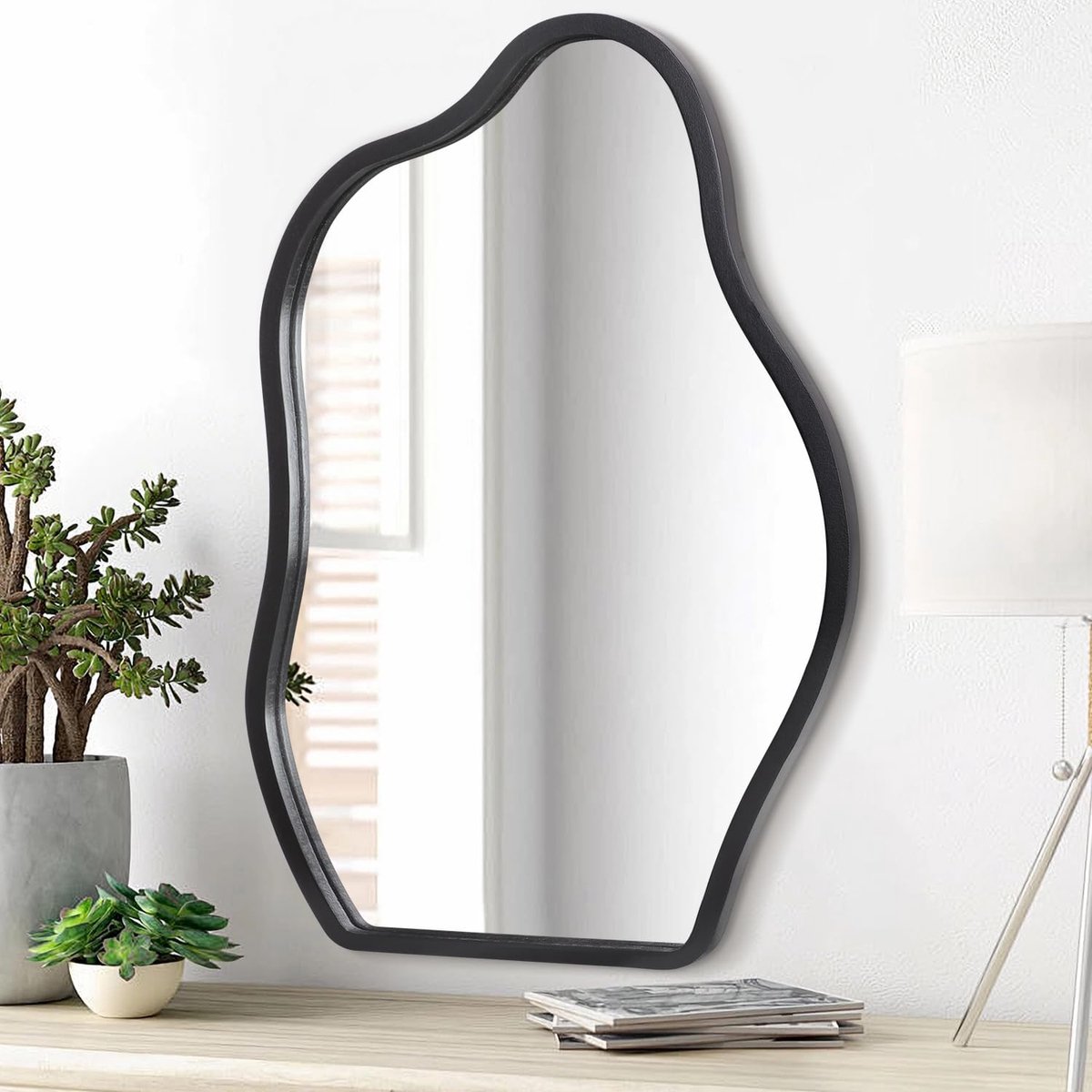 Asymmetrische wandspiegel met houten frame - onregelmatige moderne hangende spiegels voor aan de muur voor kaptafel, woonkamer, slaapkamer, badkamer, entree en hal. Modern, uniek, decoratief en