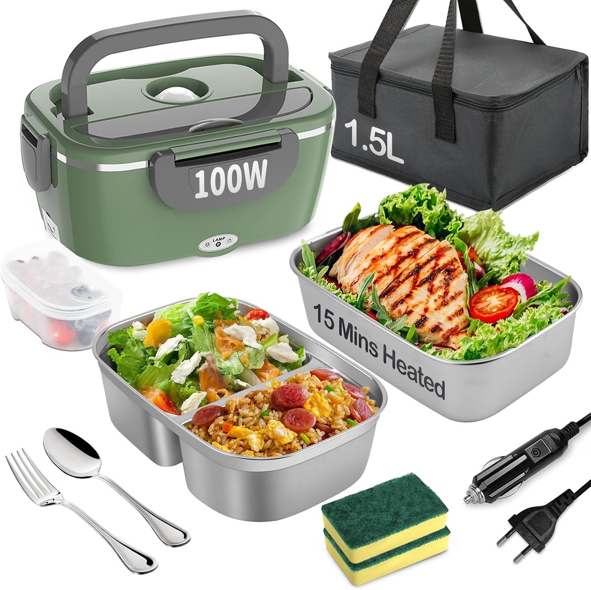 lunchbox 100 W, 1,5 l verwijderbaar roestvrij staal, 3-in-1 draagbare verwarmde lunchbox, 12V/24V/220V geïsoleerde warmtebox voor auto/vrachtwagen/kantoor/thuis (groen, 1,5 l)