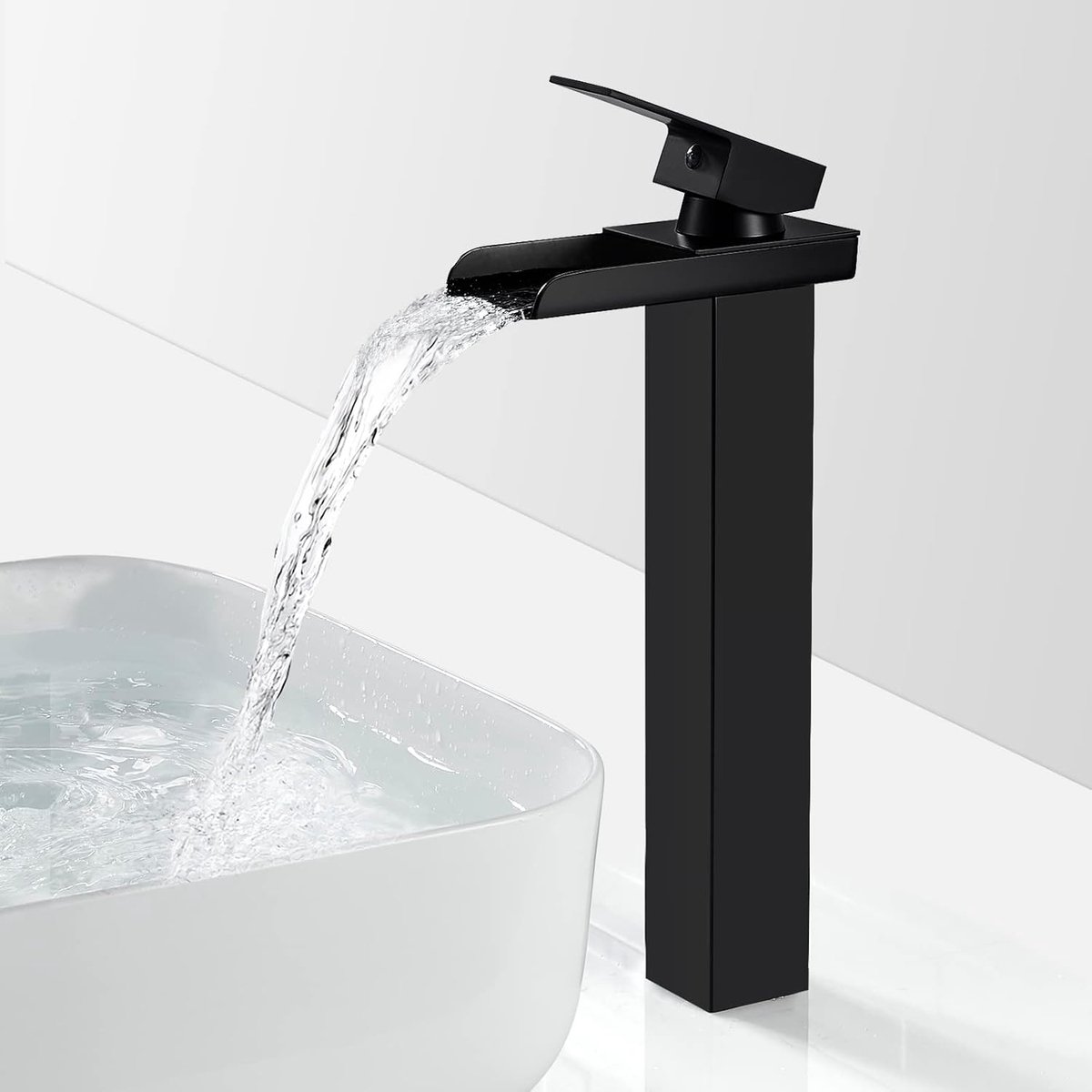 Kraan badkamer zwart waterval wastafelkraan hoog met uitloop 265mm