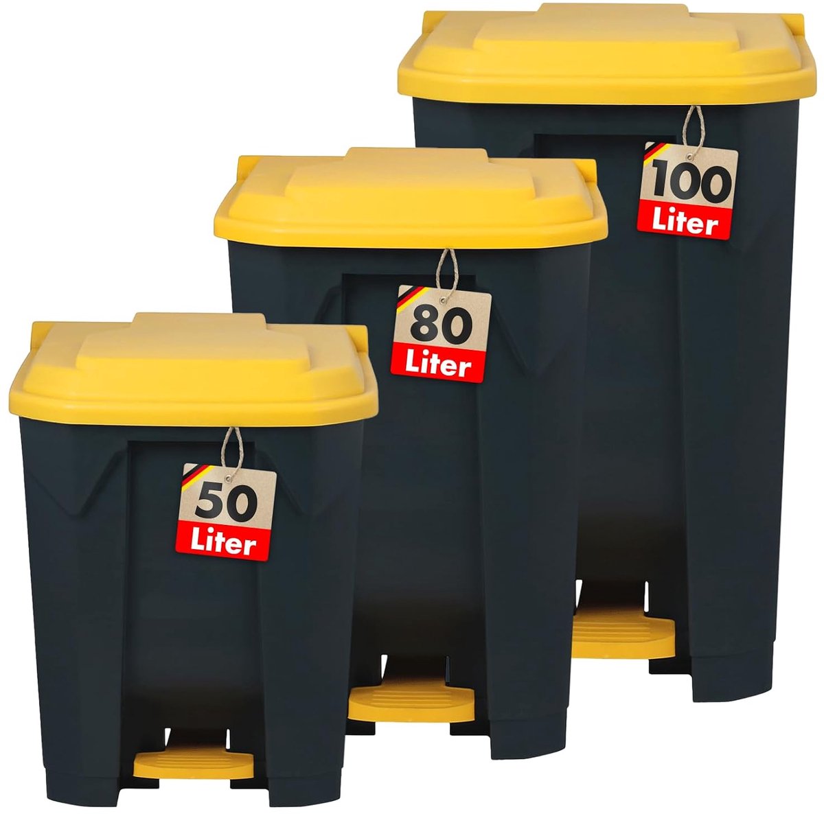 Vuilnisbak 50 Liter, gele deksel, afvalemmer voor keuken en kantoor, afvalscheidingssysteem, pedaalemmer met Step-On-mechanisme, prullenbak, vuilnisbak Olaf