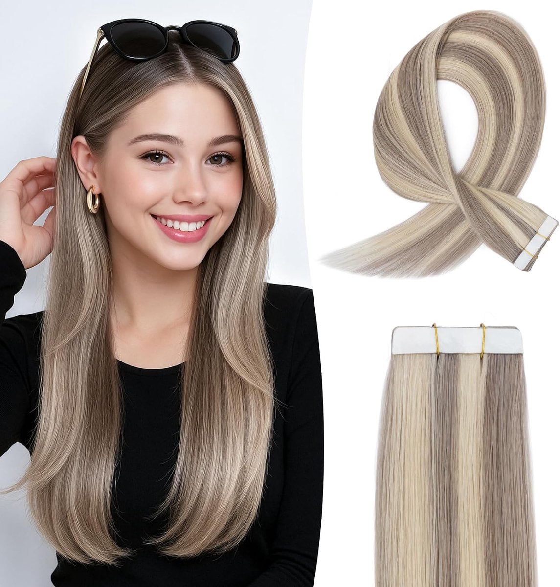 Haar Tape Extensions Echthaar 10stuks 50 cm Asblond/blond Remy Haar Onzichtbare Haarverlenging Natuurlijk 15g 20 Inch #18P613 Glad Echthaar Skin Weft Tape