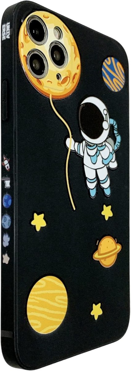 Queen Leuk hoesje voor iPhone 13 Mini, cartoon, astronaut ruimteplaneet, stijlvolle bumperhoes van zacht TPU-rubber, beschermend, antislip, schokbestendig hoesje (iPhone 13 mini, zwarte maan)