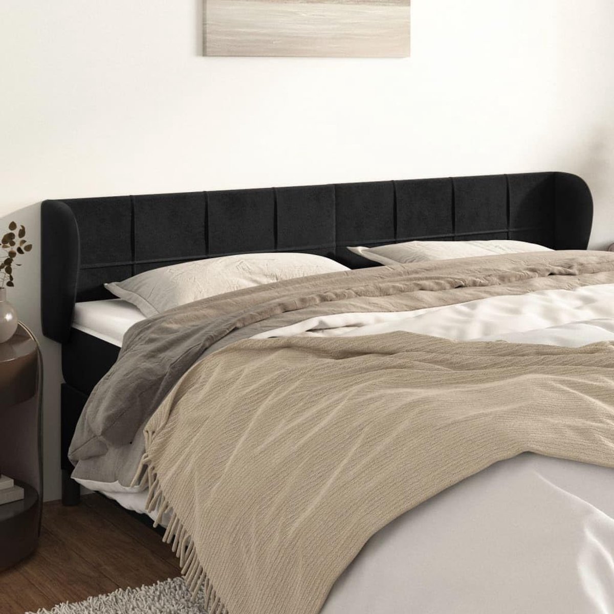 Hoofdeinde met oren, zwart, 203 x 23 x 78/88 cm, fluweel, slaapkamer, meubels voor slaapkamer, hotels