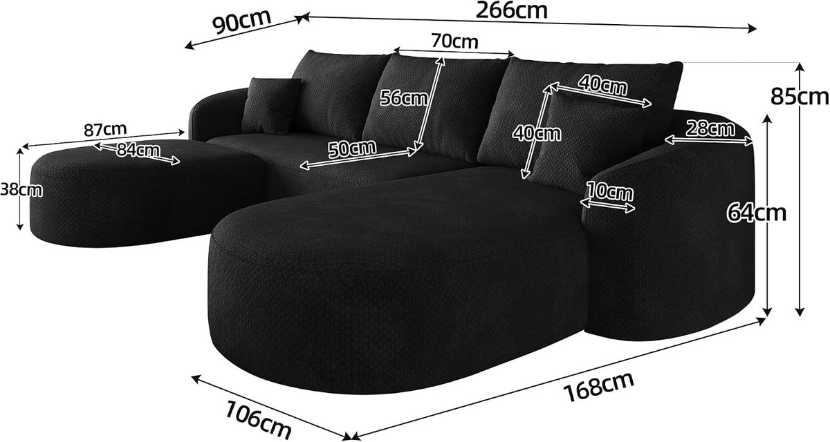U-vormige hoekbank, Boneless, Chenille Curved Cloud Sofa, zwart