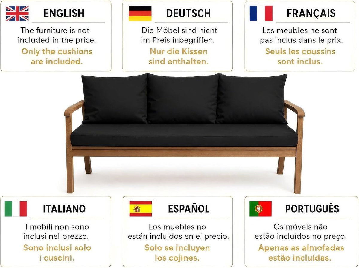 Kussen voor tuinbank met rugleuning, set – dubbelzijdig kussen voor schommel en bank, verkrijgbaar in verschillende kleuren en maten (zwart, 170 x 60 x 50 cm)