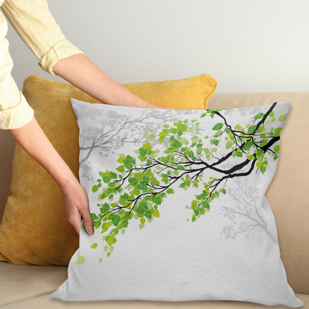 ABAKUHAUS Natuur Sierkussenhoes, Twiggy Lente Boom Tak met Refreshing Bladeren Zomer Peaceful Bos Grafisch, Decoratieve Vierkante Sierkussenhoes, 50 x 50 cm, Groen Grijs