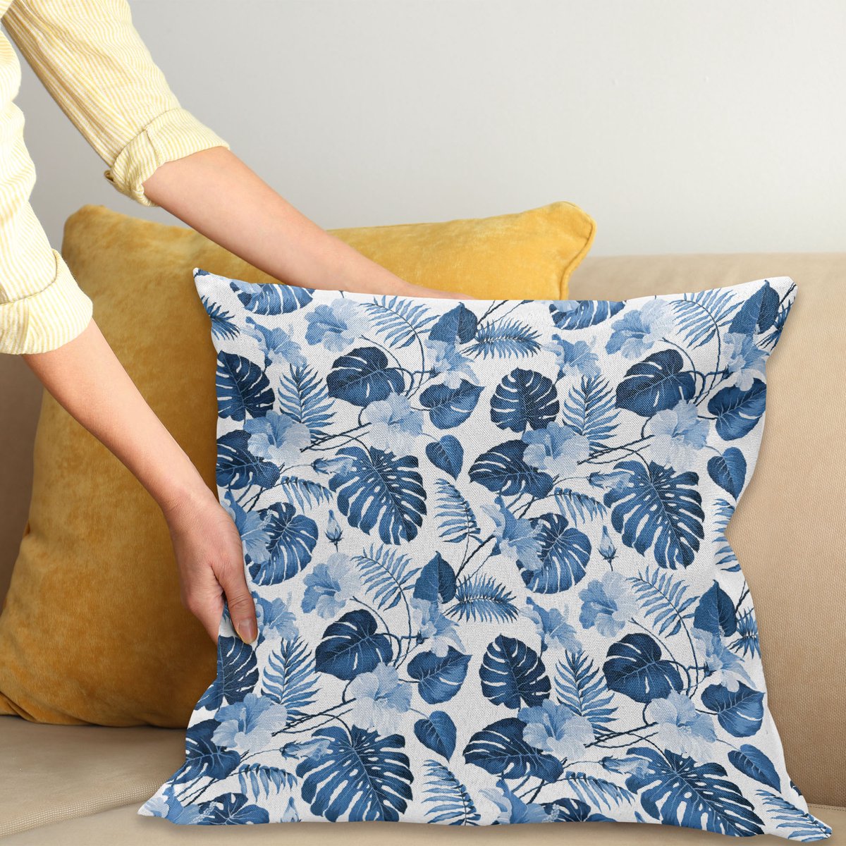 ABAKUHAUS Blad Sierkussenhoes, Palm en Mango Boom Tak en Hawaiian Hibiscus Bloem Afbeelding, Decoratieve Vierkante Sierkussenhoes, 60 x 60 cm, Turquoise Blauw