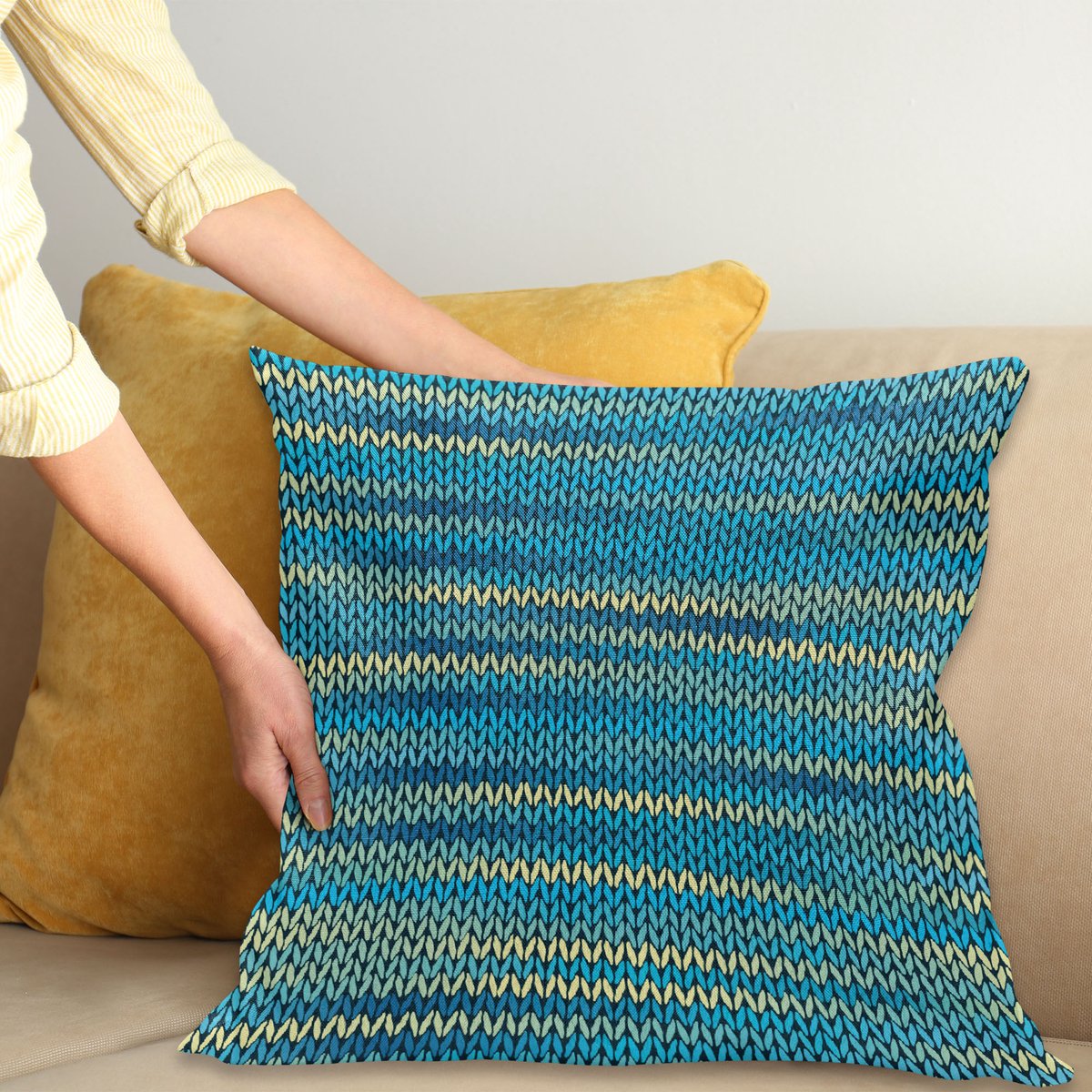 ABAKUHAUS Geel en Blauw Sierkussenhoes, Knitted Melange Geïnspireerd Grafisch Clothing Texture Patroon, Decoratieve Vierkante Sierkussenhoes, 50 x 50 cm, Geel Marineblauw