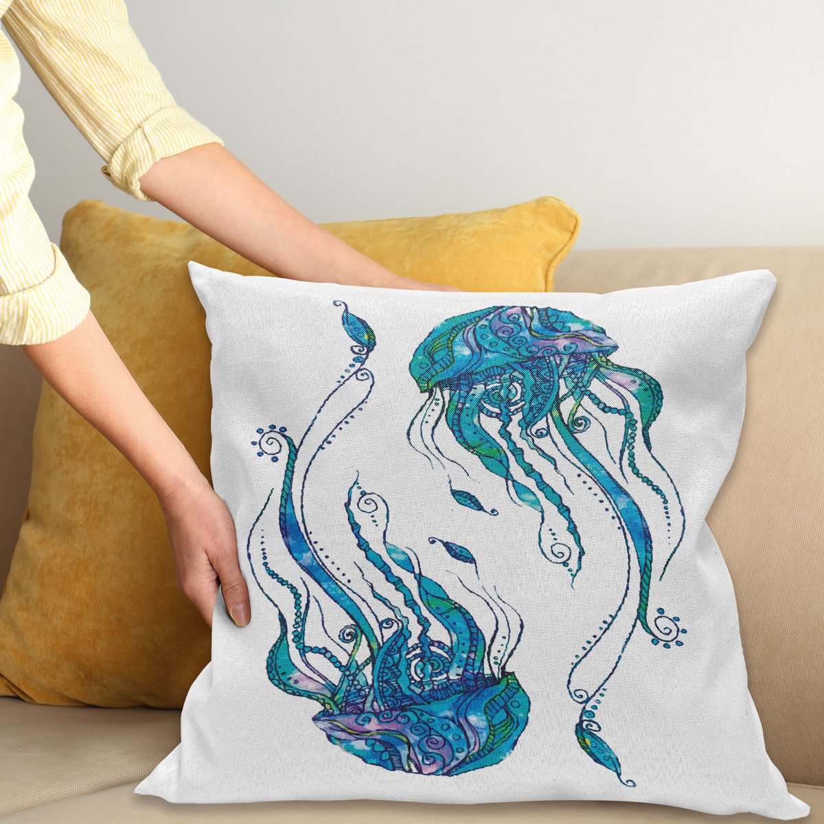 ABAKUHAUS Jellyfish Sierkussenhoes, Jellyfish Shaped met Ornamenteel Patronen Boheems Stijl Strandthemad Aqua Kunst, Decoratieve Vierkante Sierkussenhoes, 50 x 50 cm, Turquoise