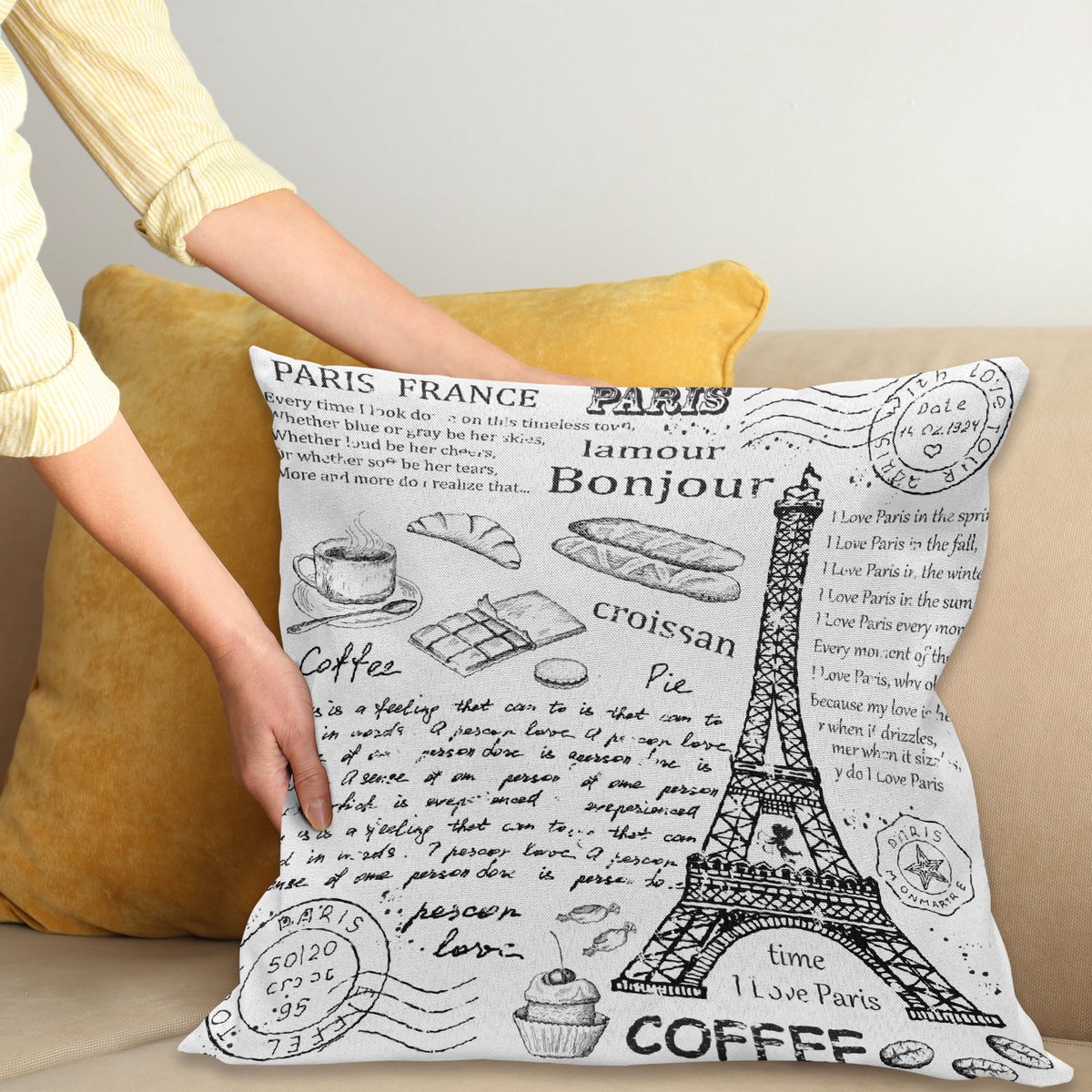 ABAKUHAUS Paris Sierkussenhoes, Traditioneel Famous Parisian Elementen Bonjour Croissan Coffee Eiffel Tower Print, Decoratieve Vierkante Sierkussenhoes, 70 x 70 cm, Zwart Wit