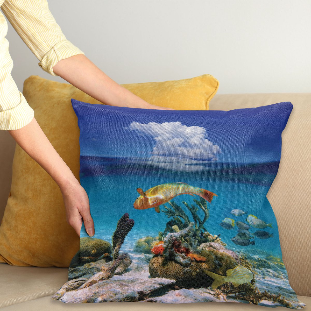 ABAKUHAUS Nautisch Sierkussenhoes, Underwater Maritime Leven Landschap met Exotisch Vis Reefs in de Oceaan Caribbean Afbeelding, Decoratieve Vierkante Sierkussenhoes, 40 x 40 cm, Blauw Oranje