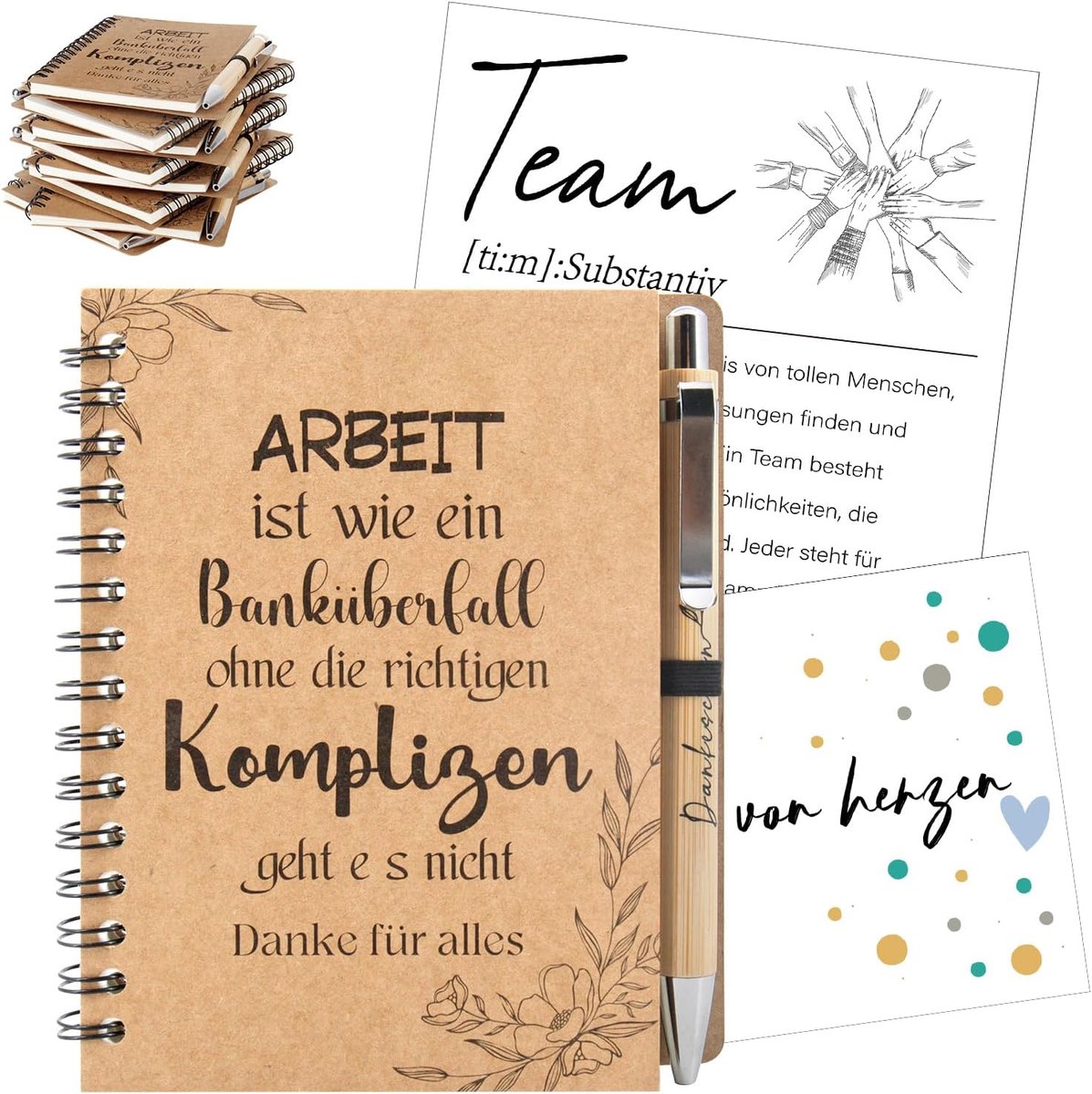 cadeau voor collega's A6 notitieblok teamkaarten afscheidskaarten balpen met gravure Bedankt voor alles spiraal notitieblok balpen van hout gelinieerd afscheidscadeau, 8 sets