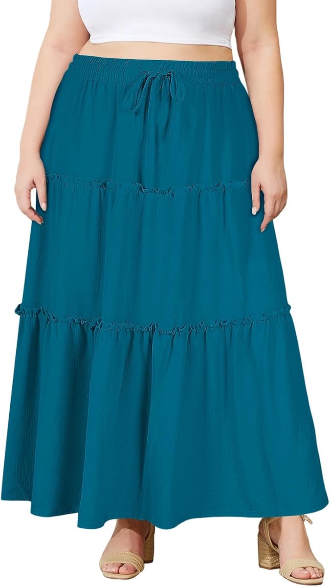 Wood Maxi Rok Dames Lang Stretch Hoge Taille Lange Basic Zomerrok Skirts met Zakken Grote Maten