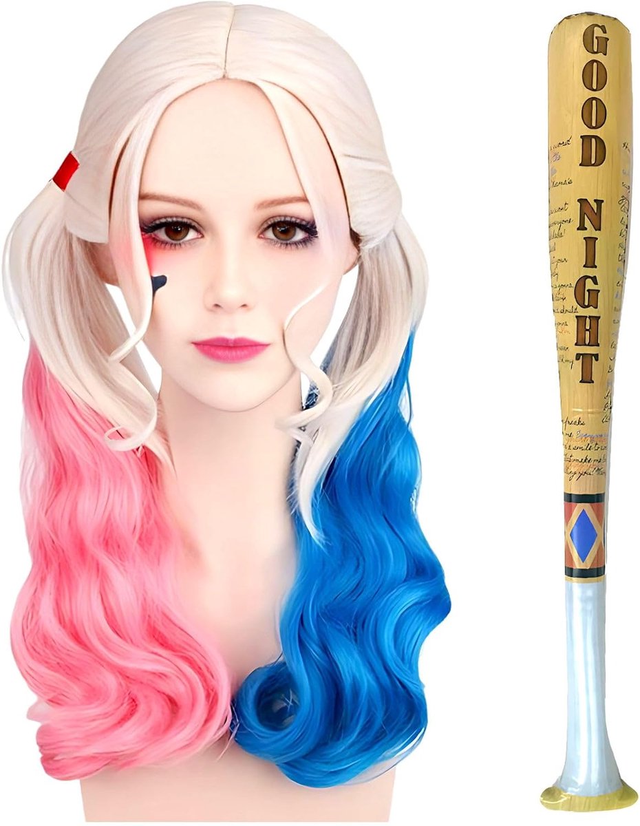 Cosplay Pruiken, Roze en Blauw Met Twee Paardenstaarten, Kostuum Feest Carnaval Cosplay Pruiken, Opblaasbare Honkbalknuppel Voor Carnaval Halloween Carnaval Kostuums Feest