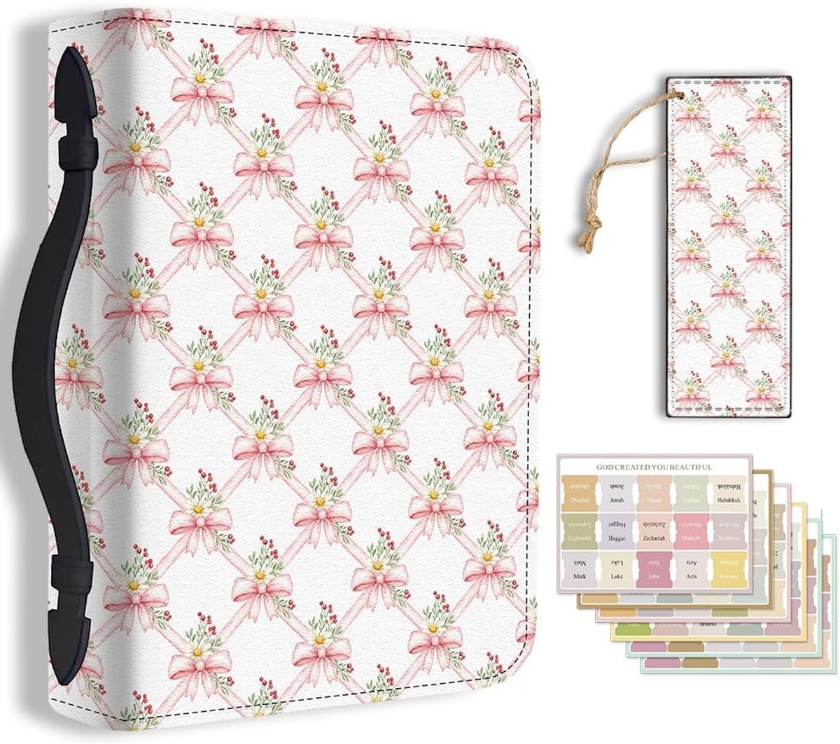 Hoesje voor school kantoor strikken bloemen bijbel beschermend met handvat bladwijzer Boheemse bijbels hoes met rits en labelstickers voor studenten volwassenen roze PU lederen