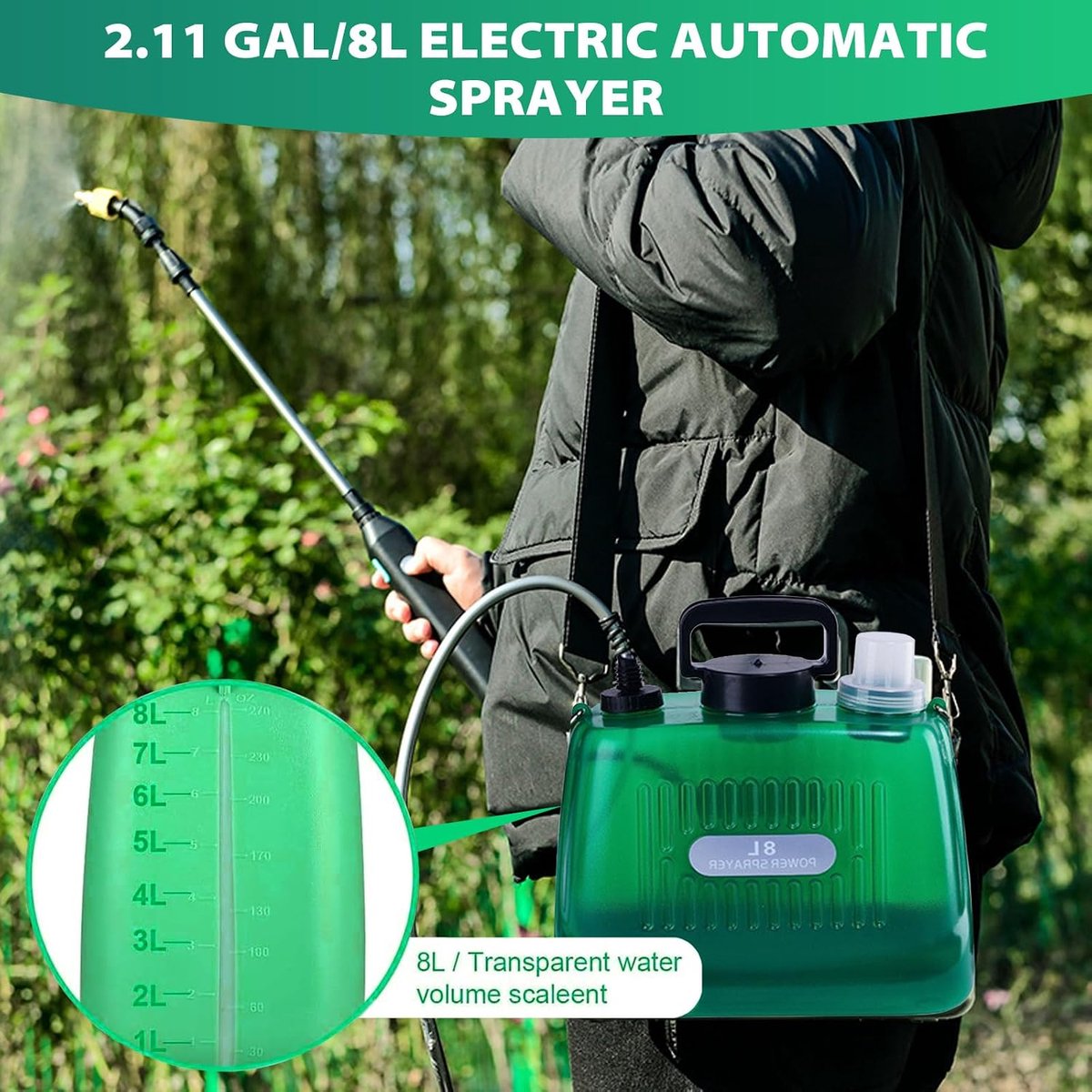 8 l, elektrische sproeier met 3 sproeiers, intrekbare sproeistang, drukspuit met oplaadbare USB-handgreep, voor tuinirrigatie en landbouw