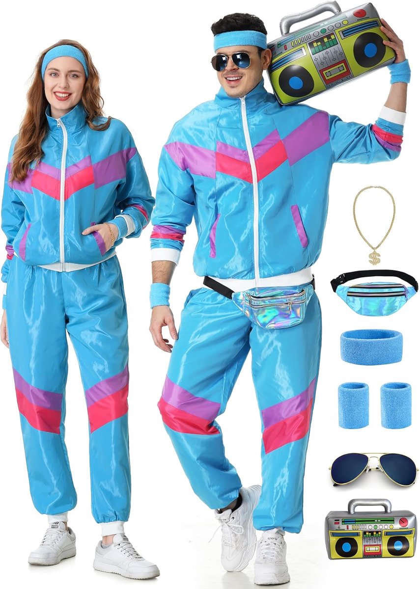 80 en 90 outfit voor heren en dames, 80s trainingspak, joggingpak, outfit voor jaren 80, herenkostuum