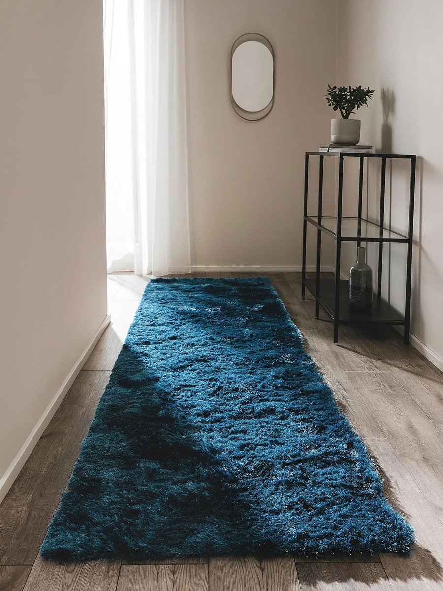 benuta Nest Whisper Hoogpolig tapijt, blauw, 80 x 300 cm, behaaglijk zacht tapijt voor slaap- en woonkamer, onderhoudsvriendelijk, geschikt voor vloerverwarming