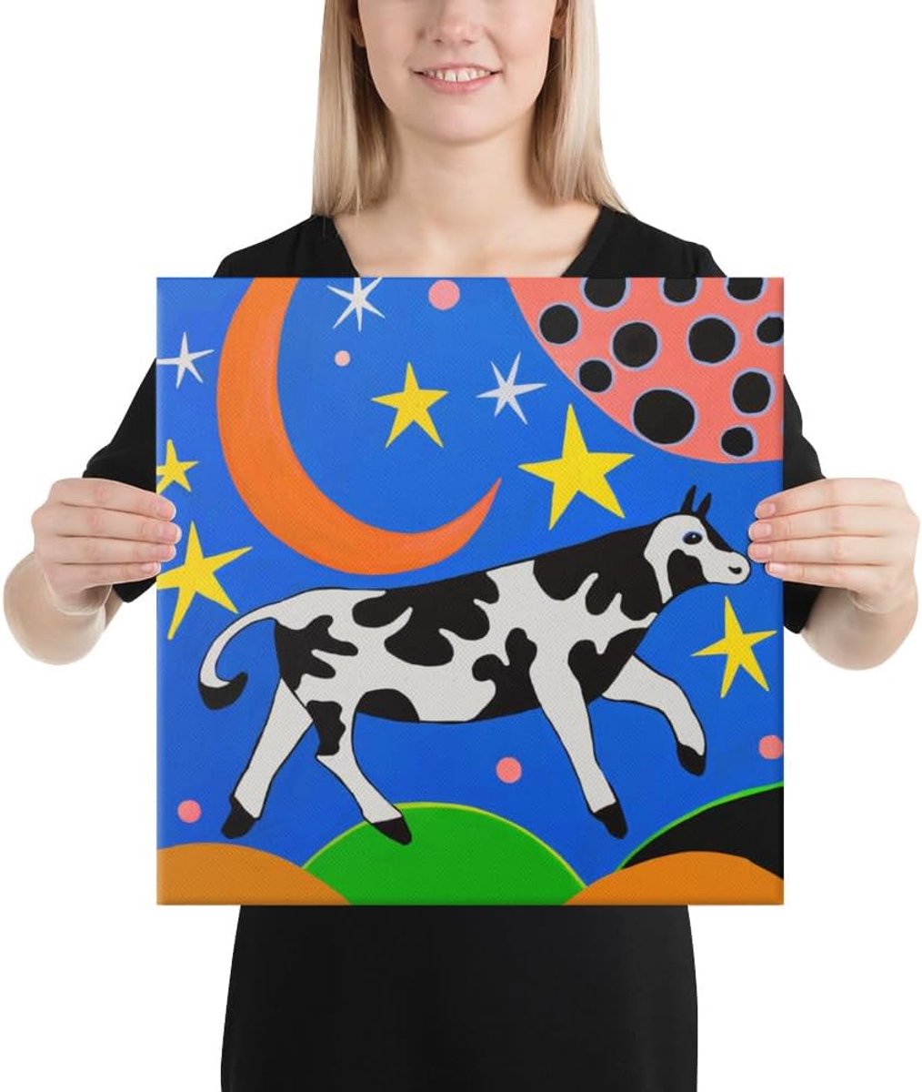 Koe springend over de maan canvas print - kinderkamer wanddecoratie, kinderkamer kunst, speelkamerdecoratie - muurkunst voor baby, peuters en kinderen - premium wanddecoratie (20 x 20 cm)