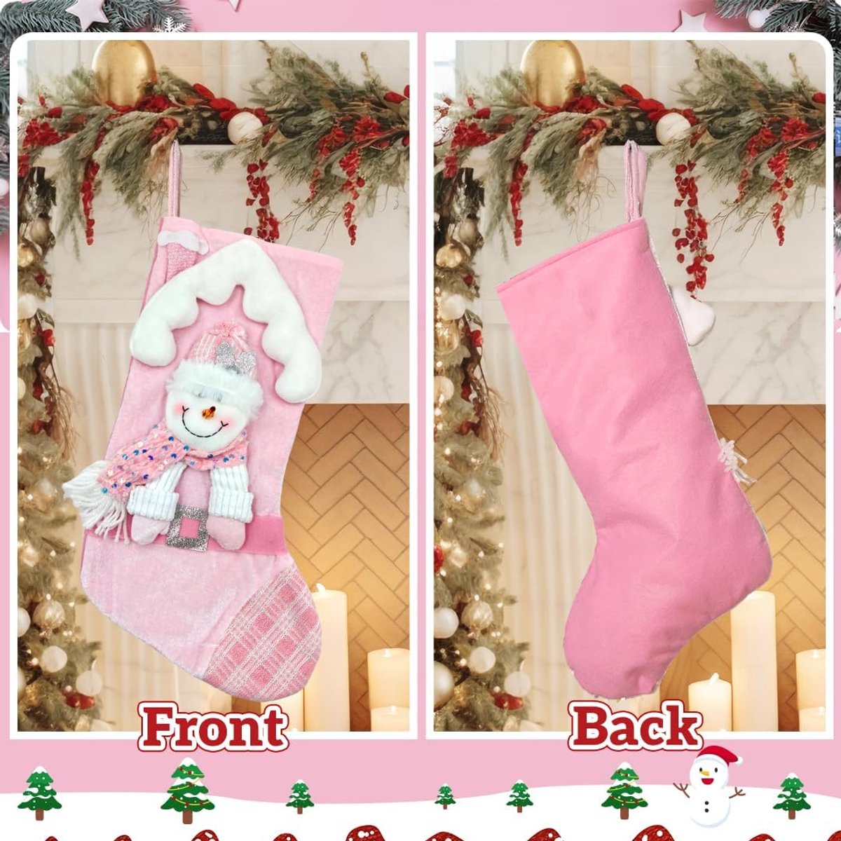 17 Inch Roze Grote 3D Kerstman Opknoping Sok met Glitter Decor, voor Open Haard Kerst Decoratie Herbruikbare Gift Bag (Sneeuwman)