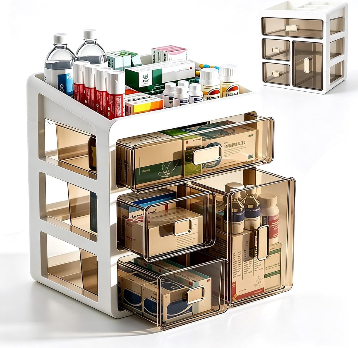 Medicijnbox met 4 verdiepingen met transparante laden, medicijnkast-organizer, opbergcontainer, voor thuis, kantoor, slaapzaal, medicijnen, kleine cosmetica, sieraad