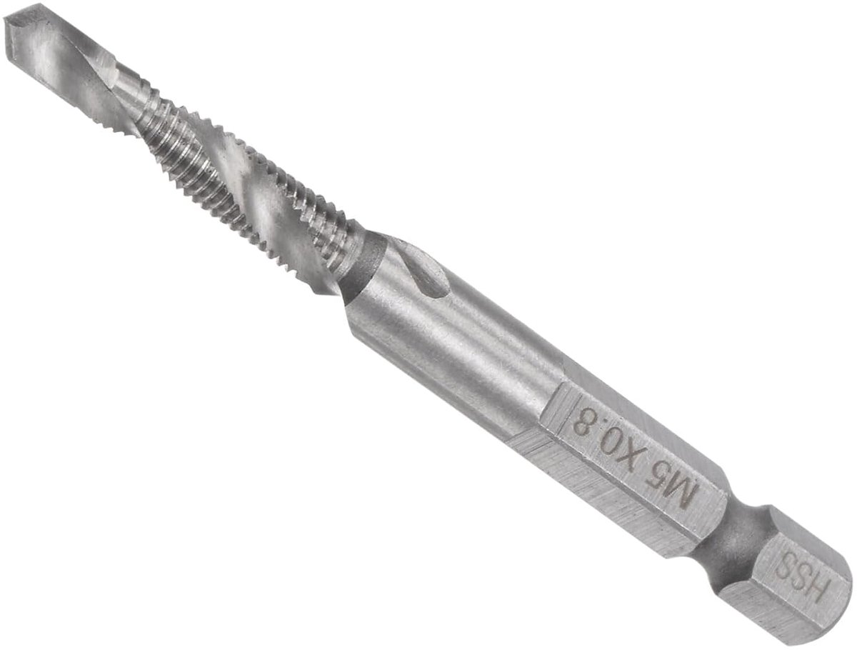 Combinatieboor- en schroefdraadboor, M5 x 0,8 schroefdraadgrootte, 1/4 inch zeskantschacht, 4341 ongecoat hogesnelheidsstaal, lang gereedschap