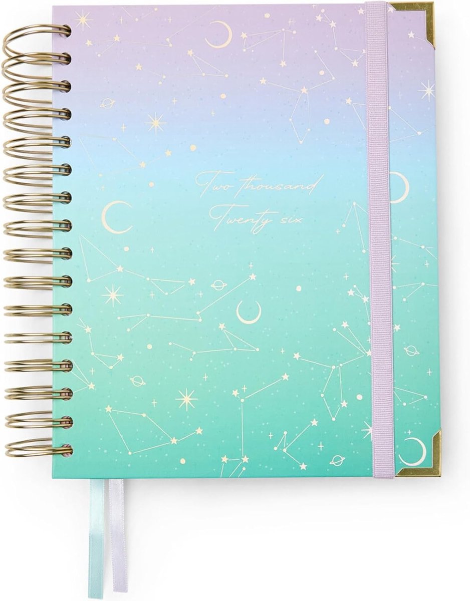 Agenda 2026 - Formaat A5 (16,5x20,5 cm), Dag per Pagina, Jaarplanner 12 Maanden Januari tot December, Dubbele Gouden Spiraal, Dubbele Bladwijzers, Elastiek, Spaans en Engels - Diana