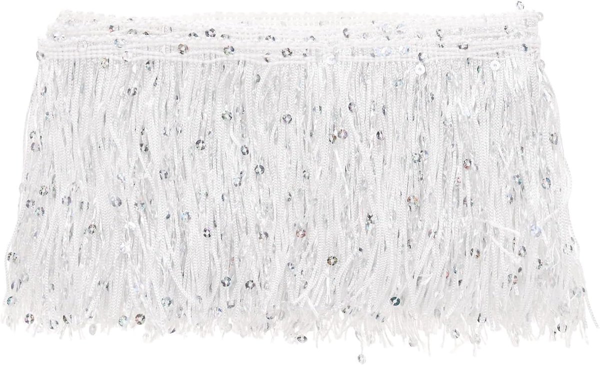 METERXITY 2 Yards Pailletten Kwastje Fringe Trim 4 "Sprankelend Polyester Franje Trim Lint Boho Kant Naaien Trimmen voor Latijnse Jurk/Rok/DIY Naaien Ambachten [Wit]