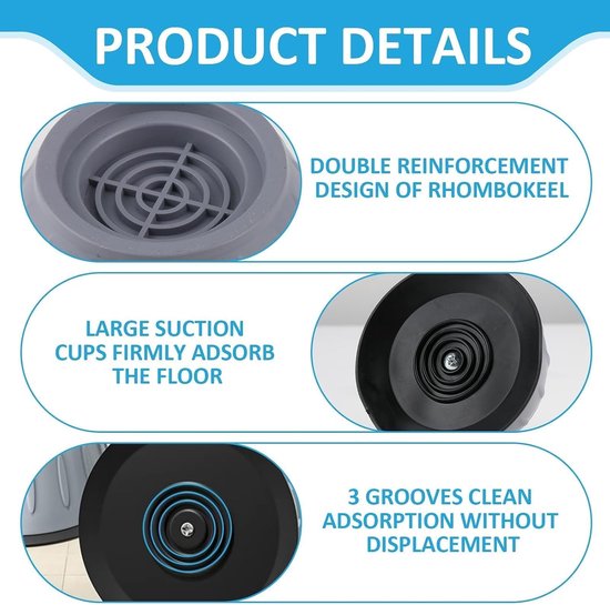 4 stuks anti-trillingspads voor wasmachine, groot formaat, geluidsreductie, antislip, verhoogd, bescherming van vloeren en apparaten, geschikt voor poten van 47 mm, eenvoudige installatie — afbeelding 5