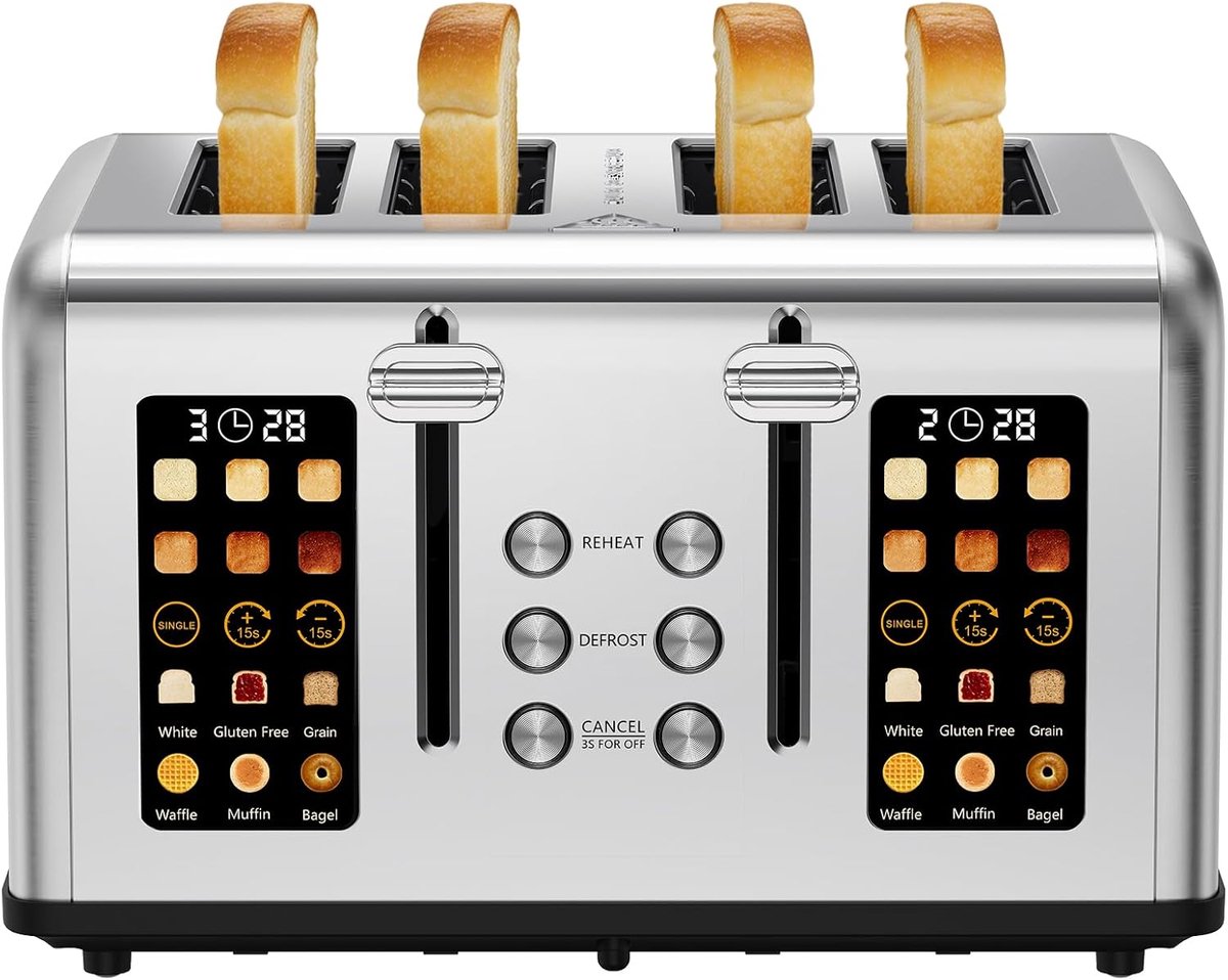 Broodrooster met 4 schijven, led-touchscreen, roestvrij staal, broodrooster met lange sleuf, 6 bruiningsniveaus, 6 broodprogramma's, ontdooi-, opwarm- en stopfunctie, 1760 W (4 schijven)