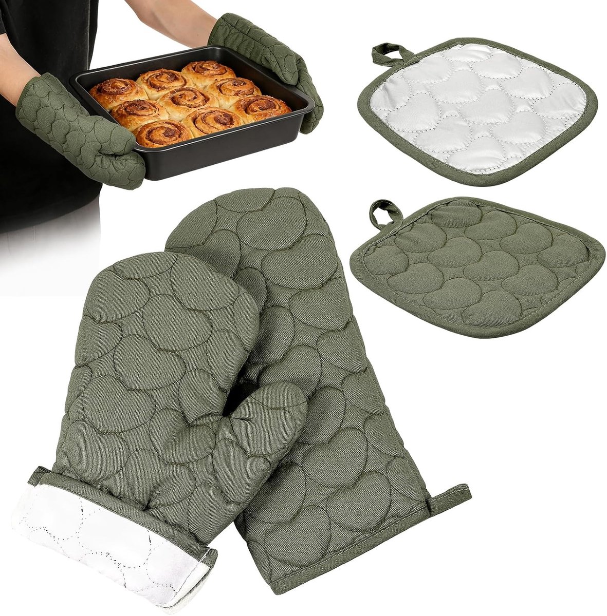 Ovenwanten en pannenlappen, 4-delige set, hittebestendig tot 250 °C, kookhandschoenen, antislip, keukenovenhandschoen met pannenlappen voor koken, bakken, grillen (27 cm) (eenkleurig)
