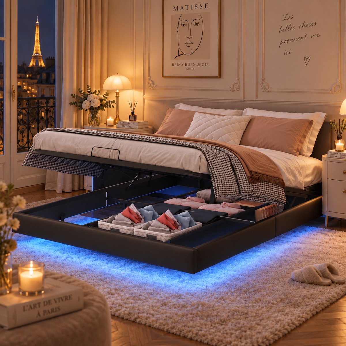 MEXUS Opbergbed 160x200 cm met lattenbodem, ledverlichting en USB-poort, Gewatteerd Tweepersoonsbed met hydraulische opbergruimte, 2-persoonsbed voor volwassenen en tieners, PU Zwart (Geen hoofdbord)