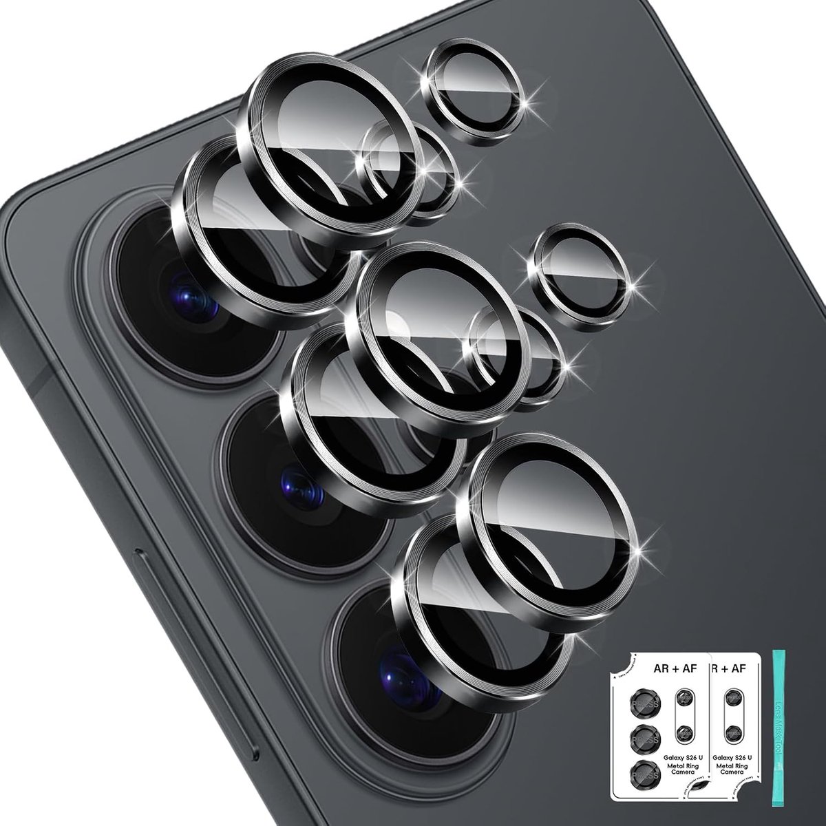 Camerabescherming voor Samsung Galaxy S26 Ultra 5G pantserglas, 2 stuks, 9H hardheid, lensbescherming, Ultra HD, krasbestendig, individuele ring van metaal, lensbeschermer, zwart