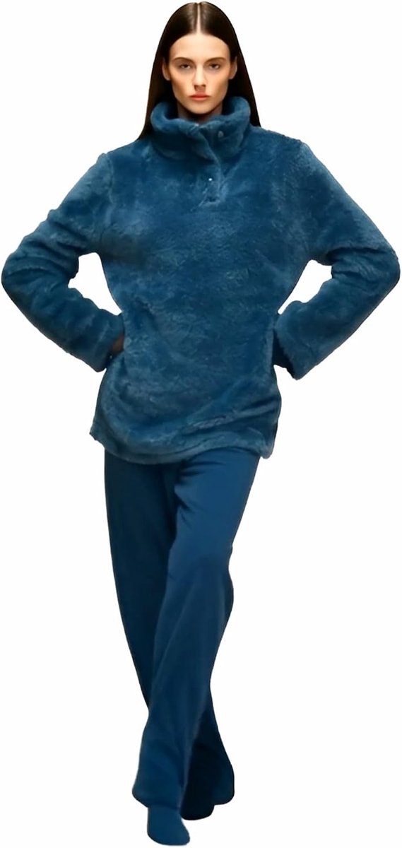 Dames Fleece Coral Effect Pyjama Dames Zachte Fleece Winter Pyjama voor Vrouwen Pyjama Pluche Knopen, 21493 topaas, L