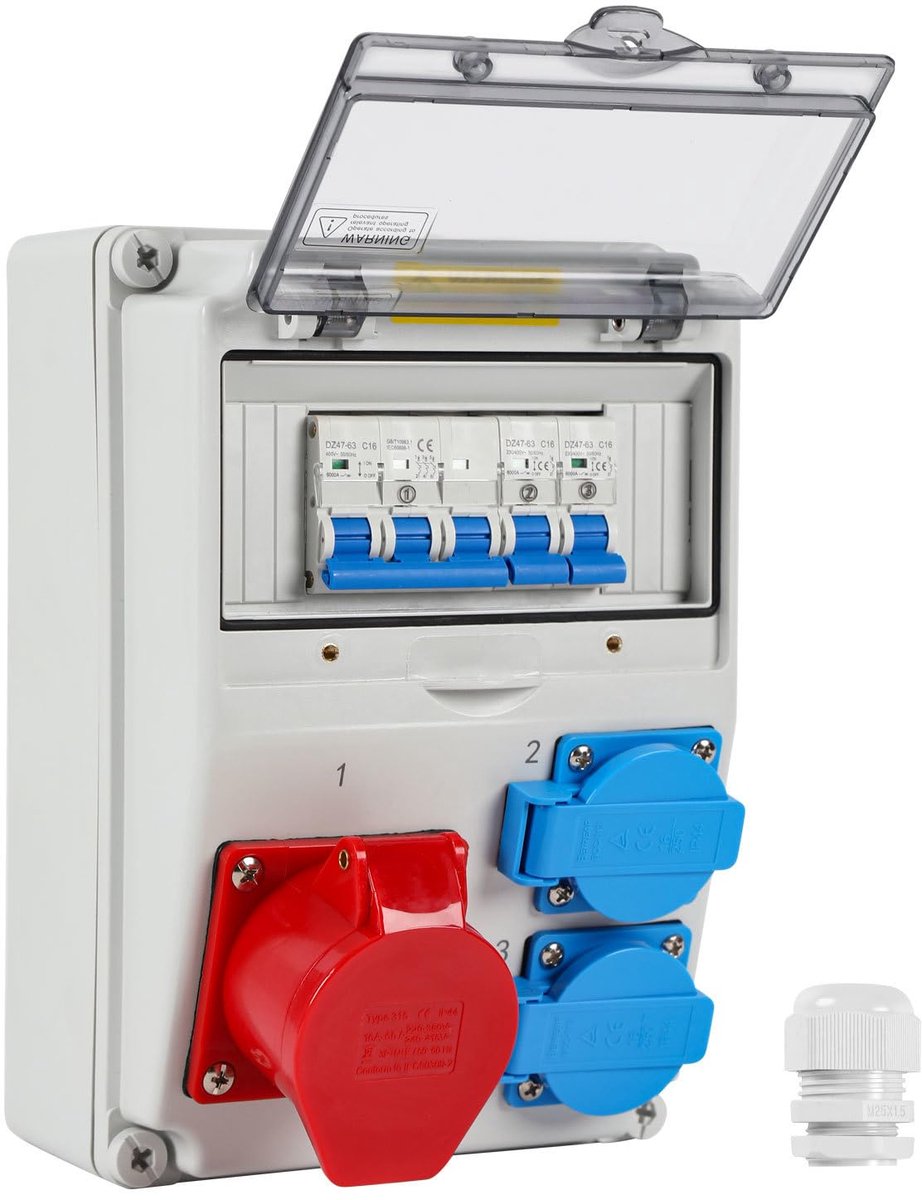 Bouwstroomverdeler, 1 x CEE 16 A 400 V + 2 x 230 V Schuko, 5-polige wandverdeler met LS-schakelaars, stroomverdeler IP44 met veiligheidsklapdeksels