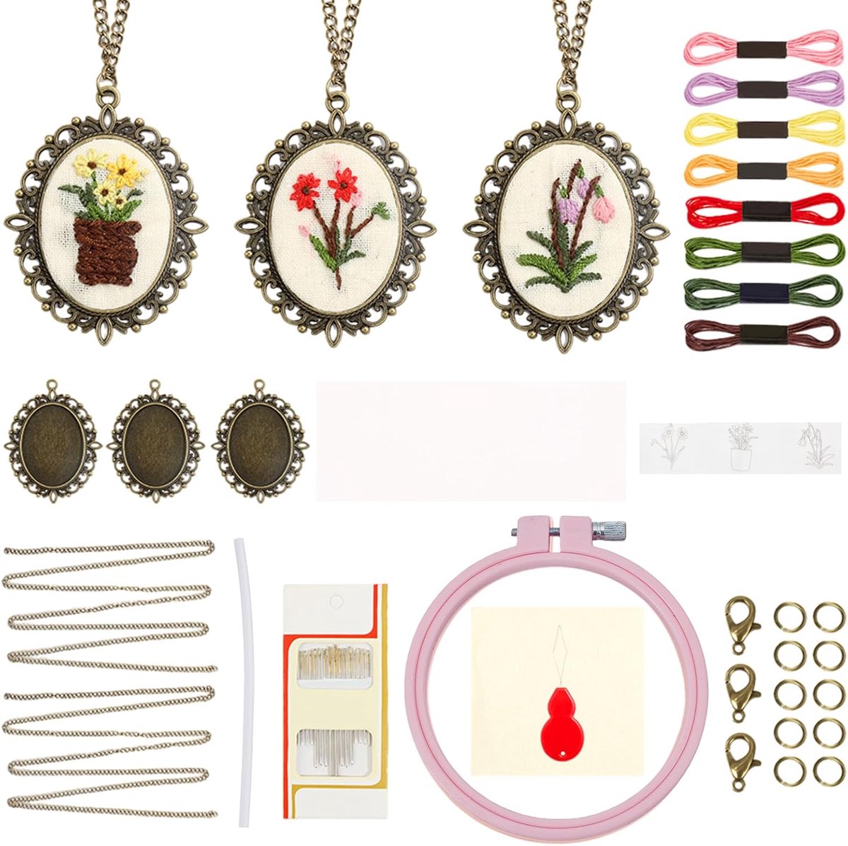 Set van 3 borduurkettinkjes, mini-kruissteekset voor beginners, geborduurde hangeraccessoires voor kettingen, oorbellen, met de hand naaien, sieradenlevering