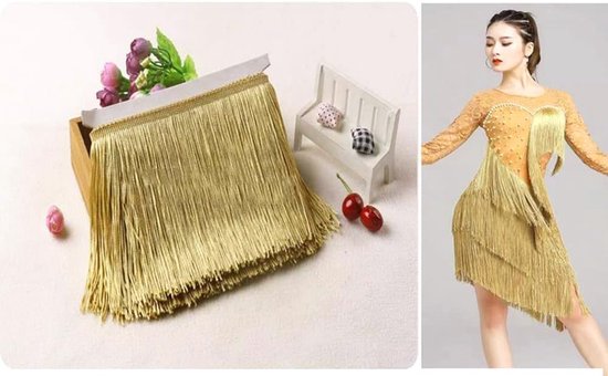 Dansband, 20 cm x 5 m, zijden franjes, kwastjes, om te naaien, knutselen, kleding, lingerie, kostuums, gordijnen, decoratie, goud A — afbeelding 2