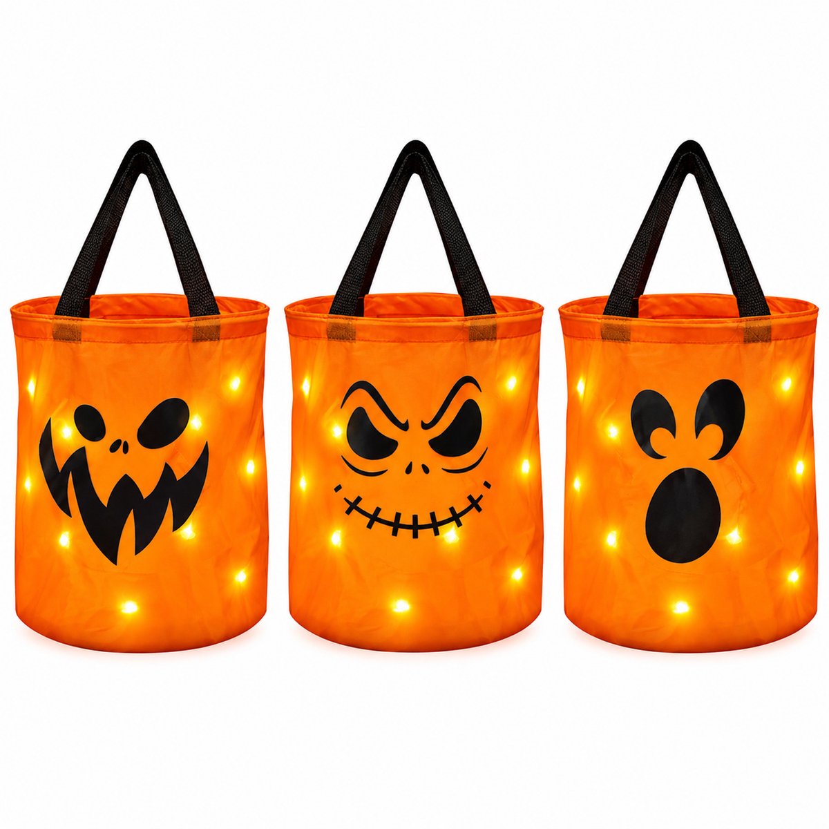 Halloween Snoepzakjes - Uitdeelzakjes - LED Pompoen Emmers met 3 Lichtmodi - Voor Trick or Treat en Feestdecoratie - Oranje - 3 stuks
