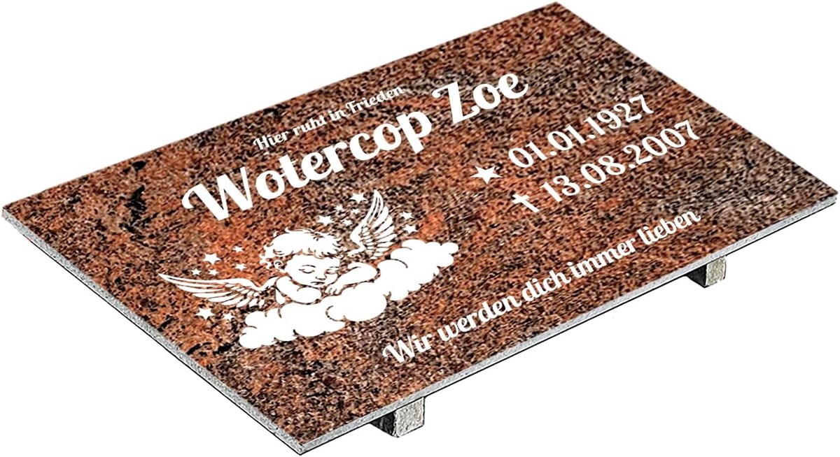 Grabplatte mit Inschrift aus Granit Multicolor Rot, personalisierbar Gedenktafel für Urnengrab, Wählmotiv, Grabstein für 1-2 Pers., Urnengrabstein (Multicolor Rot, 30x60cm mit Stützen, Engel)