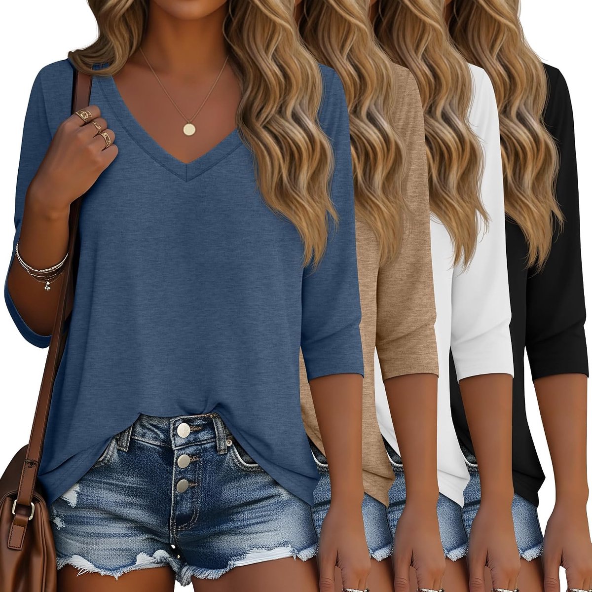 T-shirts met 3/4 mouwen en V-hals, casual tuniek tops, katoenen basic effen modieuze T-shirts